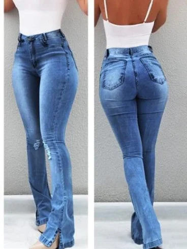 Women plus size clothing Women's Stretch Flare Leg High Waisted Holes Jeans Pants-Nordswear