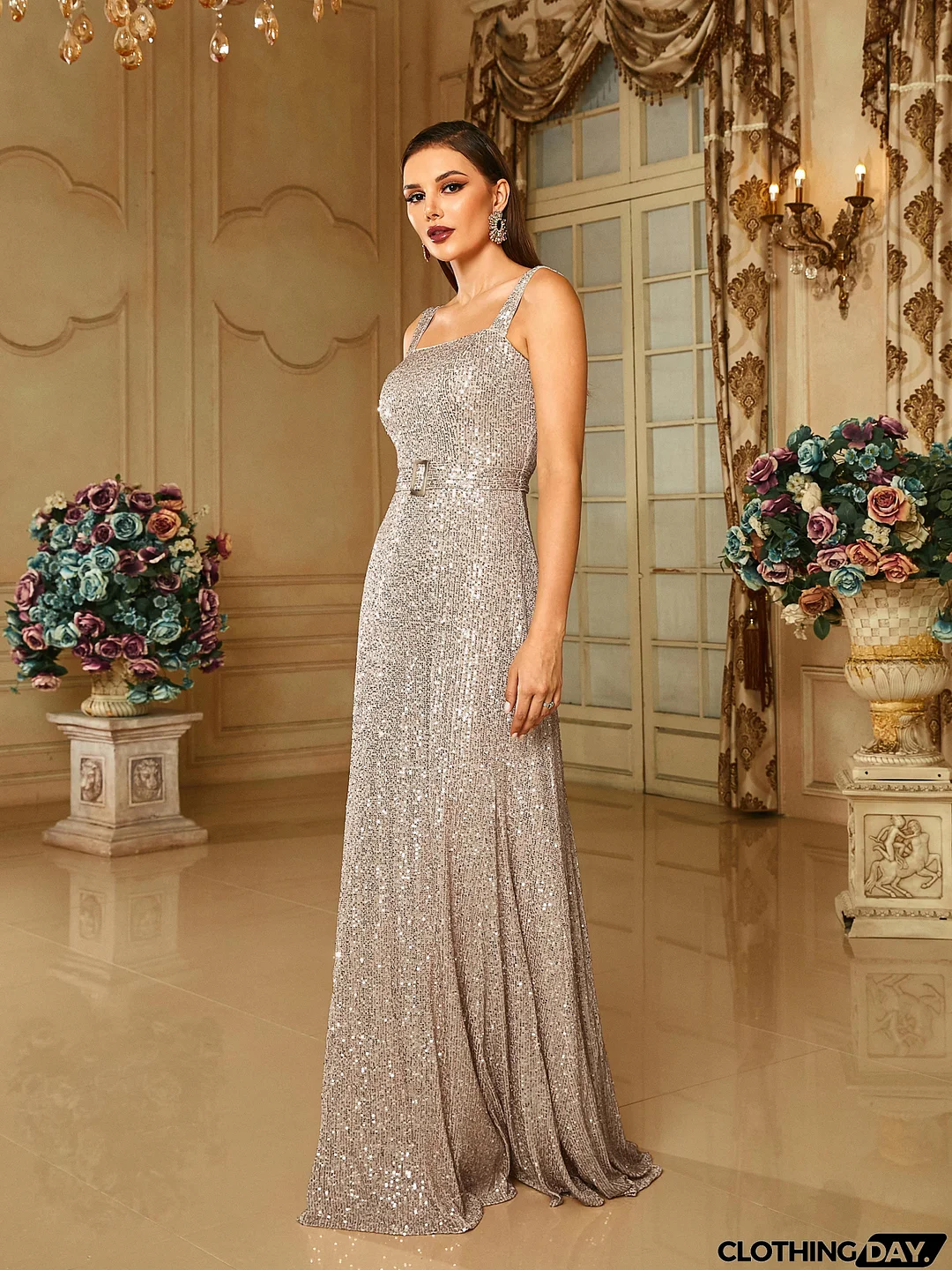 Cold Shoulder Belt A-line Sequin Apricot Prom Dress RM20669