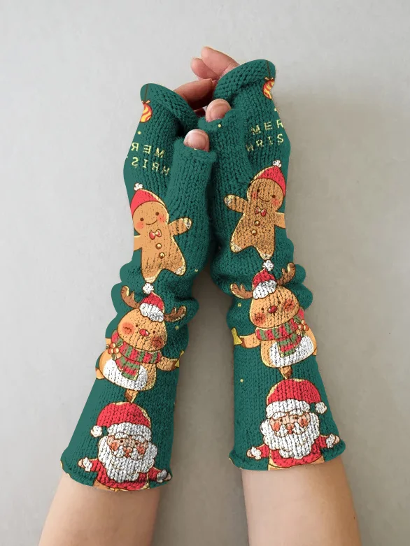 Christmas print vintage knit fingerless gloves