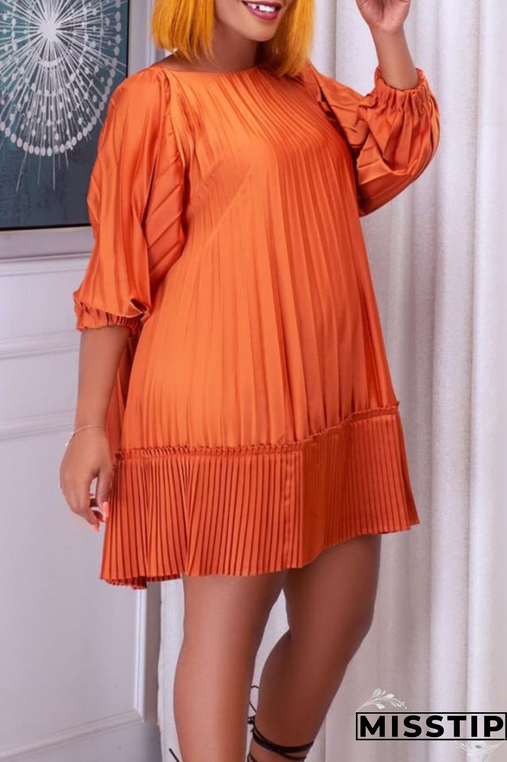 Black Casual Solid Patchwork Fold O Neck Pleated Dresses