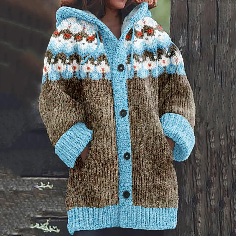 Retro Contrast Color Geometric Jacquard Icelandic Cozy Hooded Knitted Cardigan