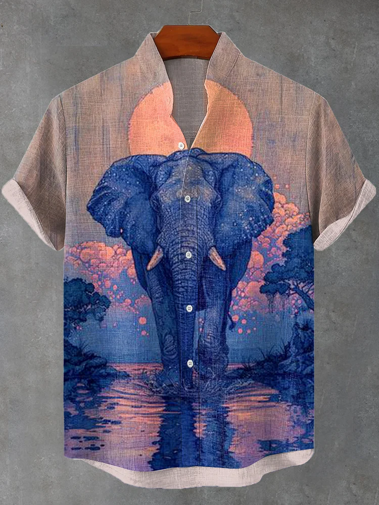 Men's Tropical Sunset Elephant Art Print Short Sleeve Linen Blend Shirt