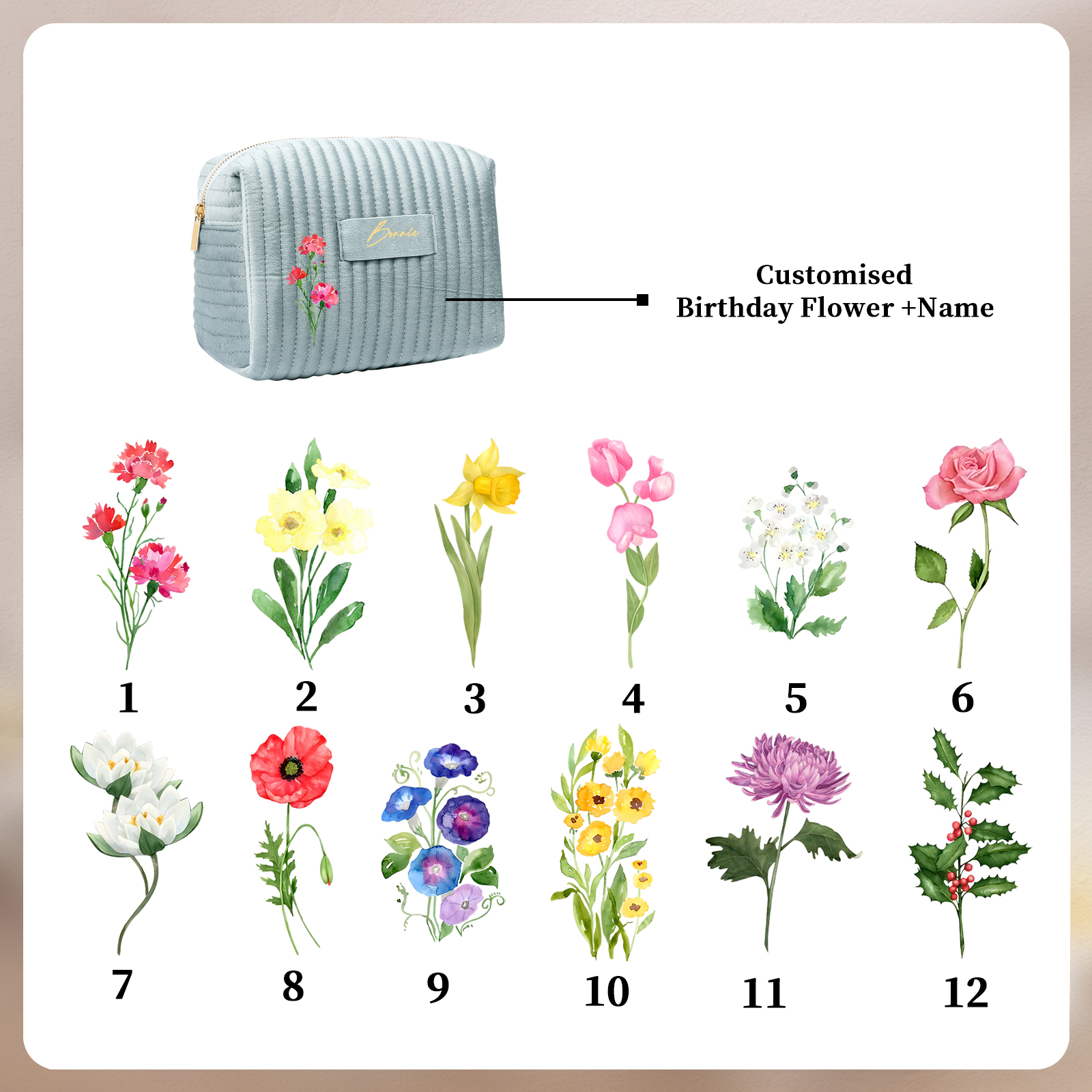 Borsa portabile per cosmetici in velluto per donna 1 nome e 1 fiore di nascita personalizzato multicolori da scegliere