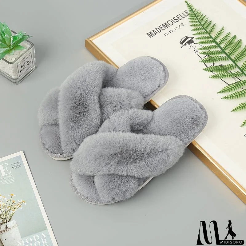 MidiSono - Faux Fur Crisscross Strap Slippers