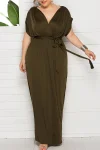 Plus Size Elegant Lace Up Solid Deep V Neck Maxi Dress