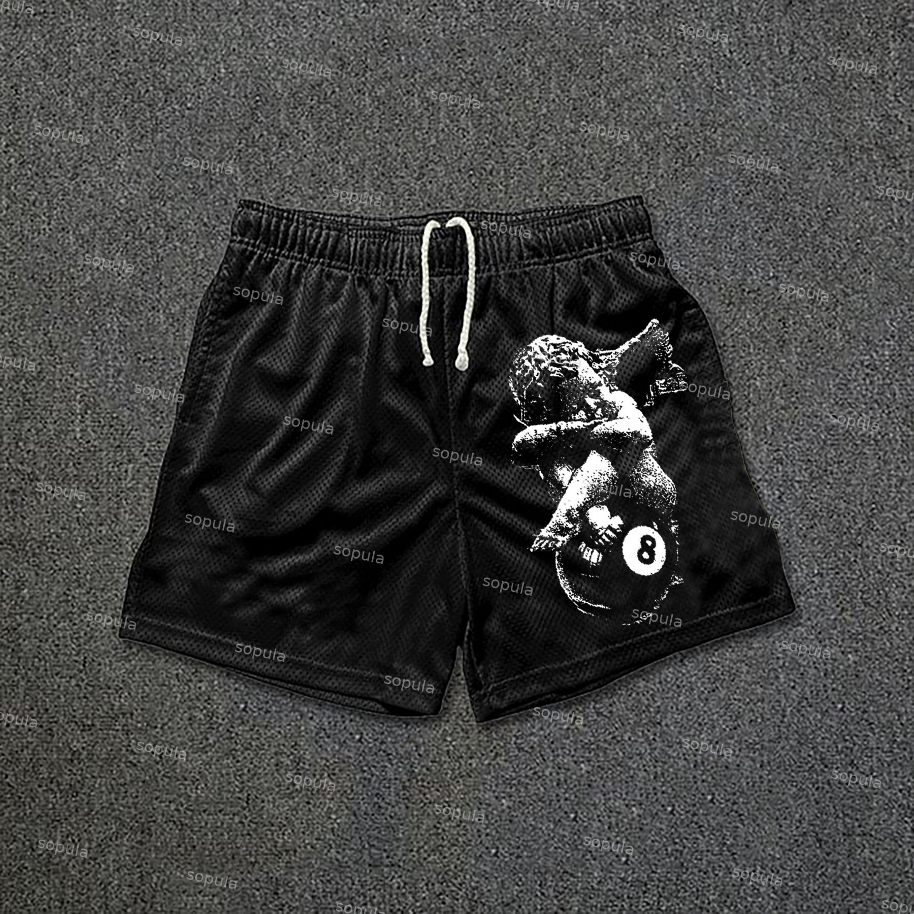 Angel Print No 8 Drawstring Mesh Casual Shorts - SOPULA