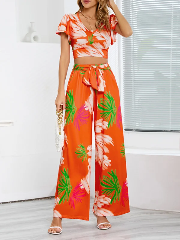 Loose Short Sleeves Printed V-Neck T-shirt Top + Elasticity Pockets Tied Waist Pants Bottom Two Pieces Set