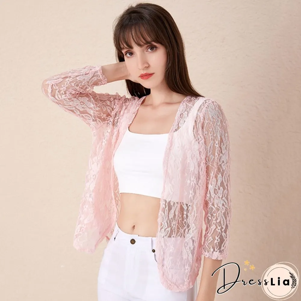 Womens Fashion Lace Cardigans Long Sleeves Solid Color Slim Fit Coat Casual Trench Outwear
