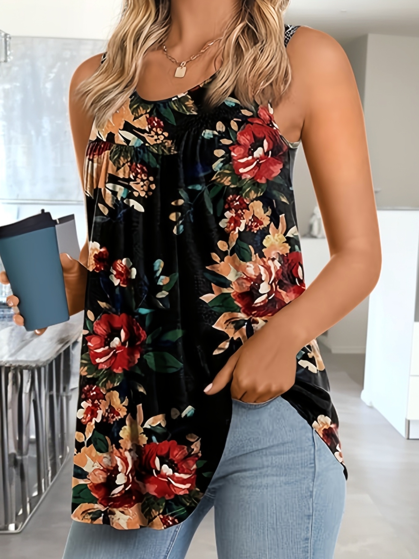 Womens Casual Sleeveless Round-neck Top Relaxed Fit All-Over Floral Print Blouse Machine | IFYHOME