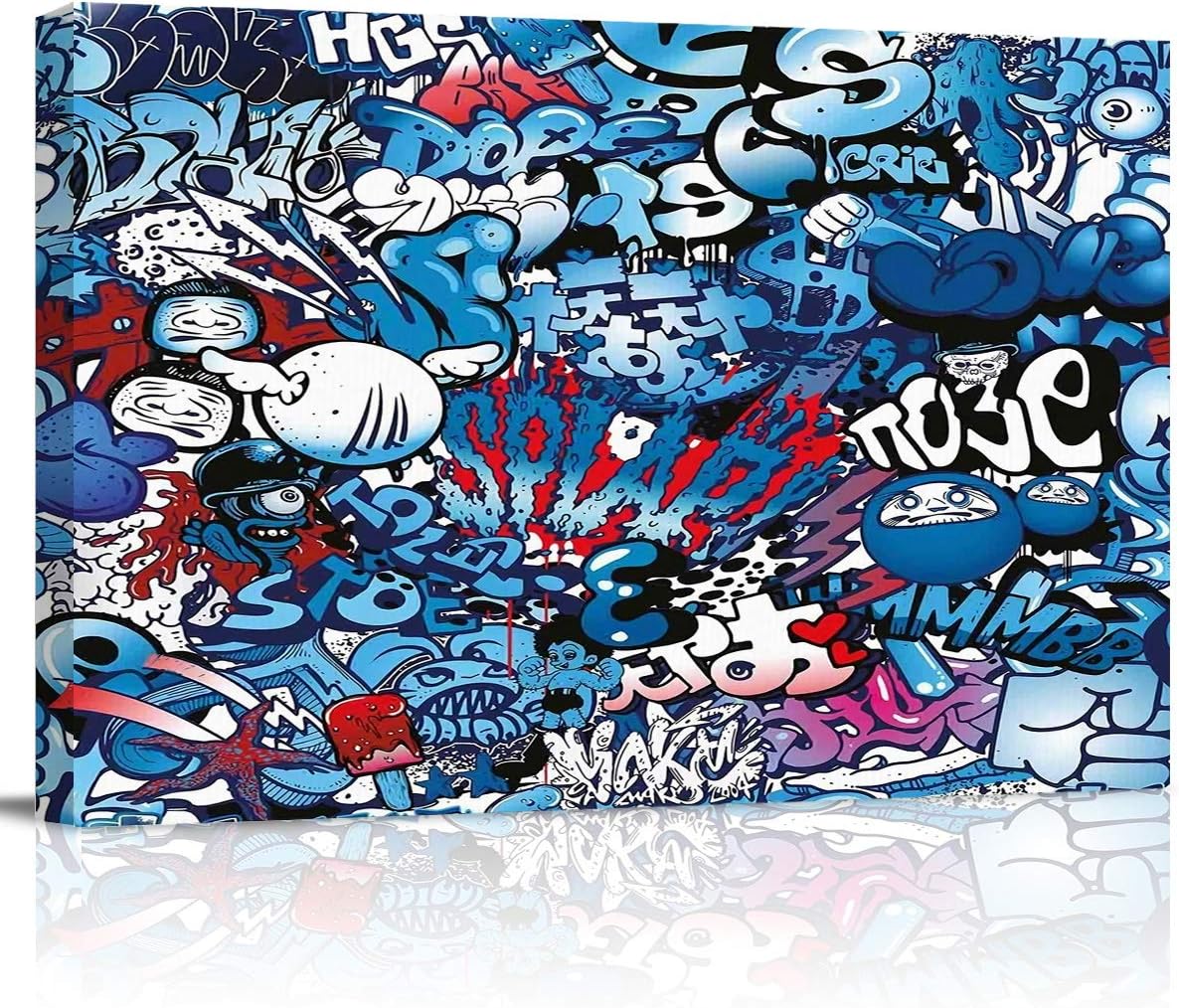 Shine-Home Wall Art for Living Room/Bedroom, Canvas Bathroom Decor Wall Art Kitchen Office Framed Wood Oil Painting Picture, Cartoon Blue Graffiti Rock Mucis Art 12 inch x16 inch  12x16in