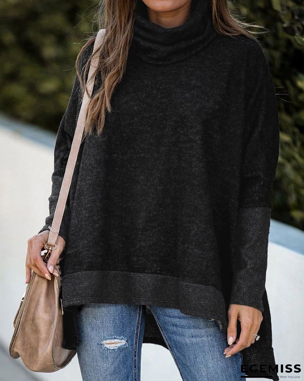 Batwing Sleeve High Low Split Hem Turtleneck Sweater | EGEMISS