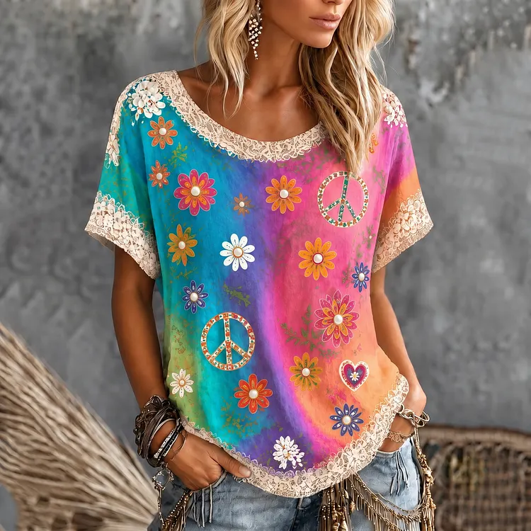 Women's Pearl Floral Peace Sign Tie Dye Art Print Casual T-shirt