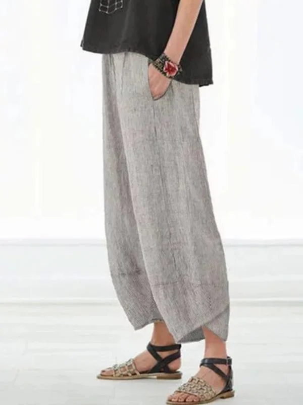 Pantalon capri décontracté rayé avec poches en lin