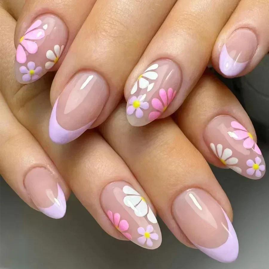 Lidudu French Press on Fake Nails with Flowers Designs Summer Blue Short Almond False Nails Wearable French Full Cover Press on Nails