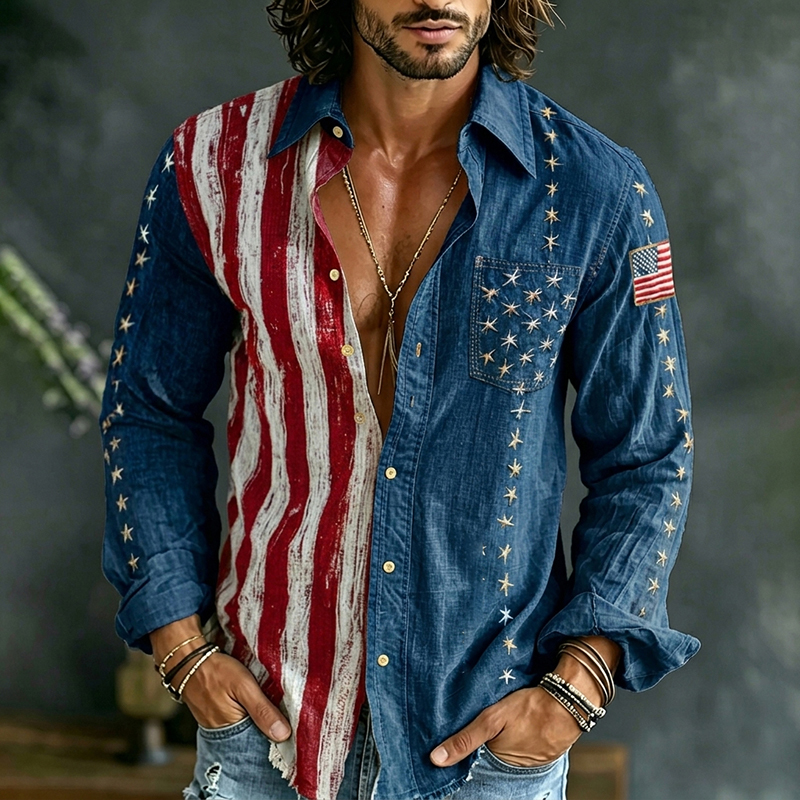  Men's Retro Flag Art Print Long Sleeve Casual Linen Shirt Westsshops