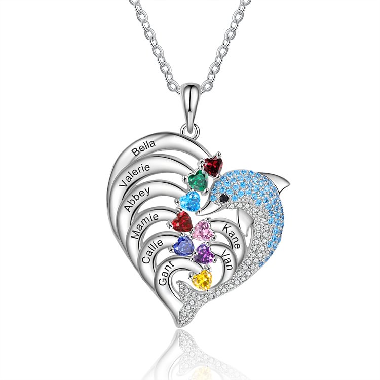 Collar Corazón delfín 8 nombres personalizados con 8 piedras de nacimiento