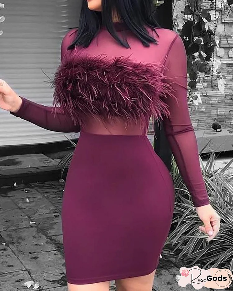 Fluffy Embellished Insert Bodycon Dress