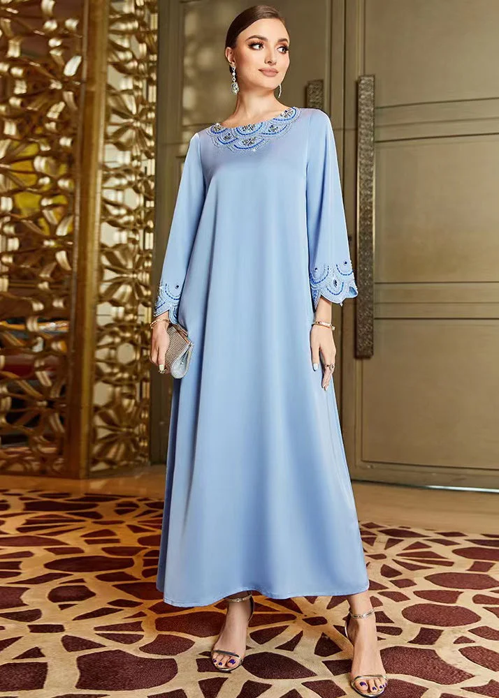 Casual Blue Embroideried Nail Bead Chiffon Vacation Long Dresses Long Sleeve