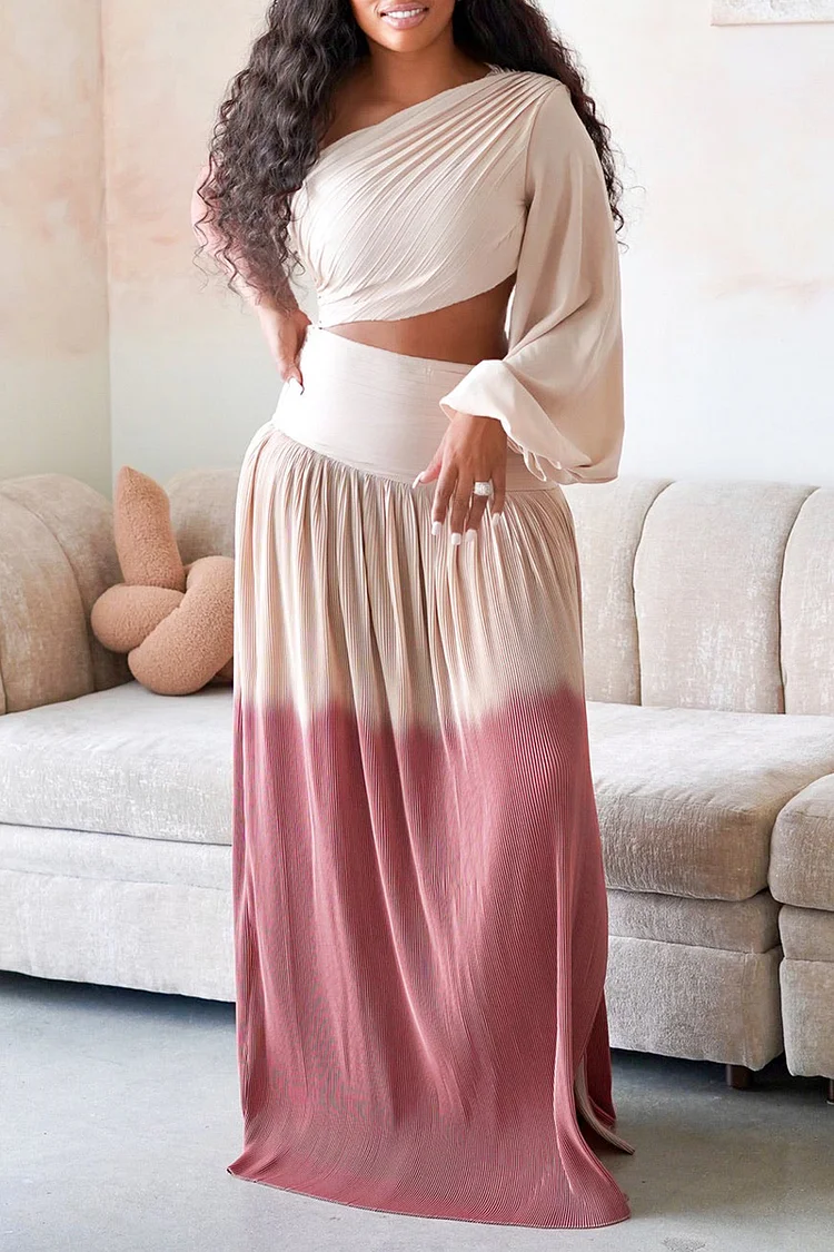 Xpluswear Plus Size Apricot Casual One Shoulder Gradient Split Boho Two Pieces Skirt Sets [Pre-Order]