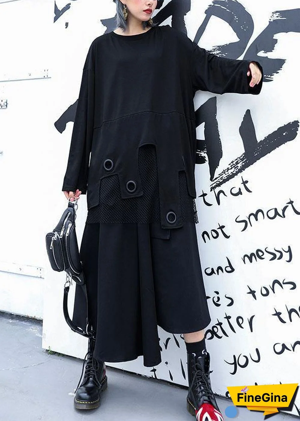 Modern black cotton clothes Women asymmetric patchwork tulle fall Dresses