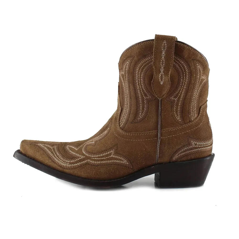 Women&lsquo;s Short Block Low Heel Embroidered Snip Toe Brown Western Boots