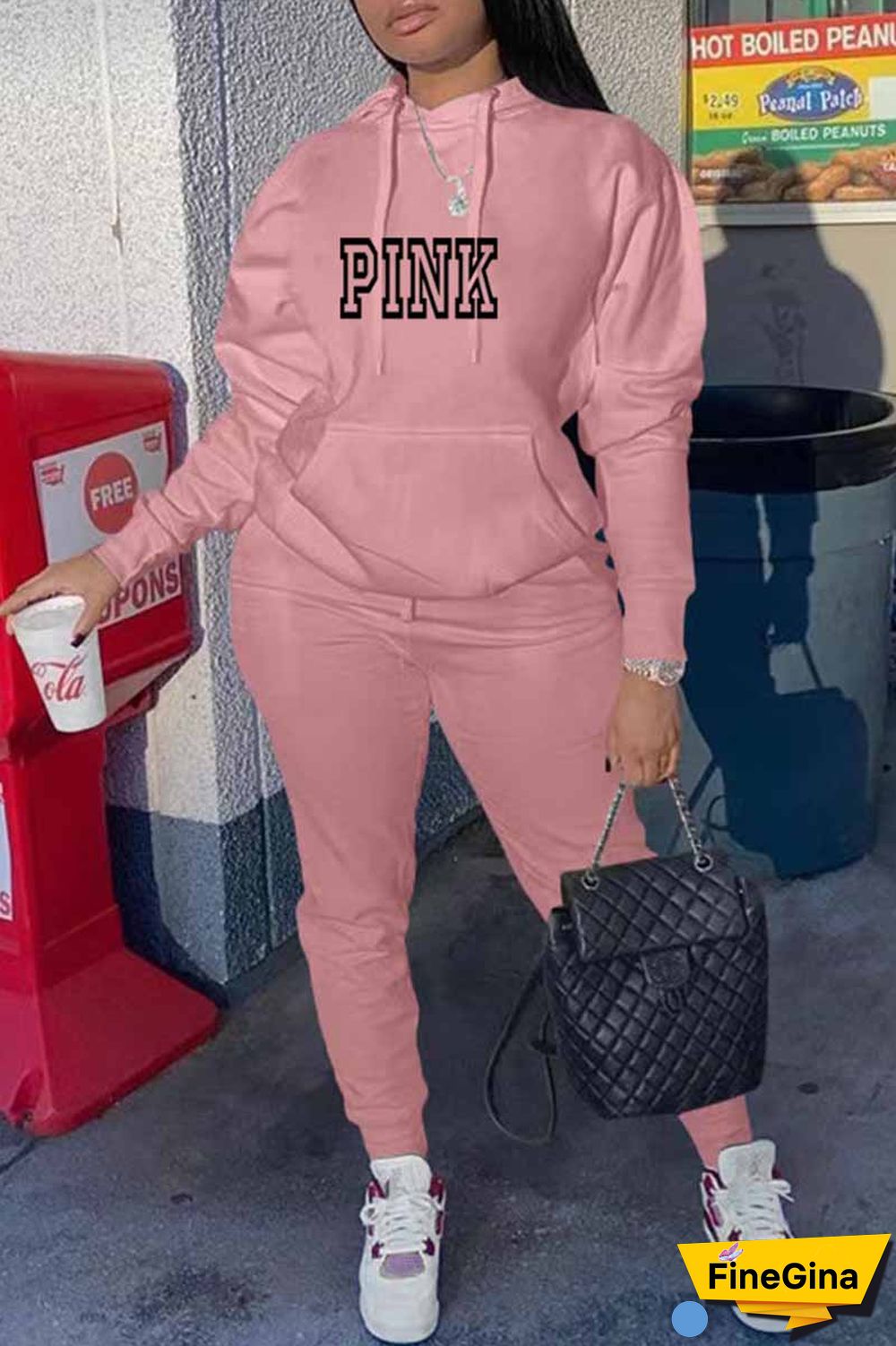 Red Casual Print Letter Hooded Collar Long Sleeve Two Pieces