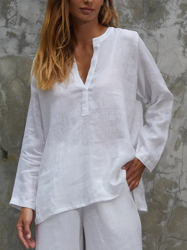 V-neck Cotton and Linen Cmfortable Women's Blouse tjj Shicloths