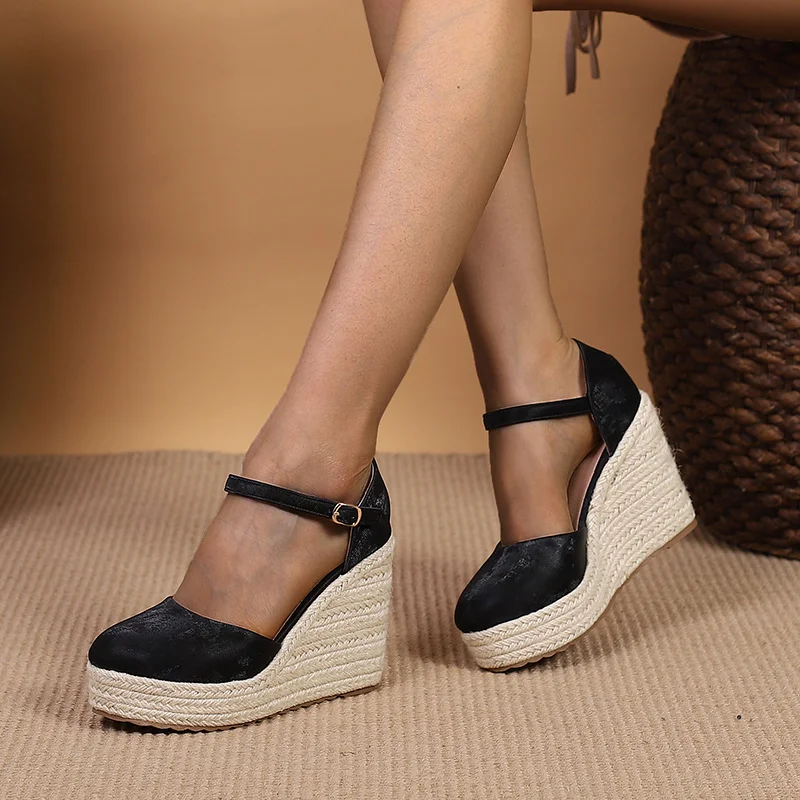 Wongn Wongn And Autumn New Wedge Heel Thick Bottom High Heel Hollow Women's Single Shoes Straw Woven Hemp Rope Bottom