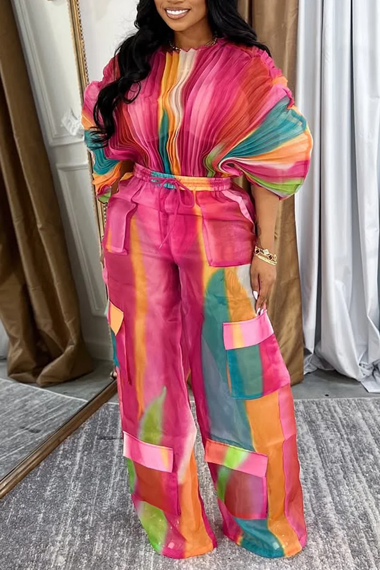 Plus Size Daily Hot Pink Gradient Round Neck Batwing Sleeve Half Sleeve Cargo Pleated Two Piece Pant Sets [Pre-Order]
