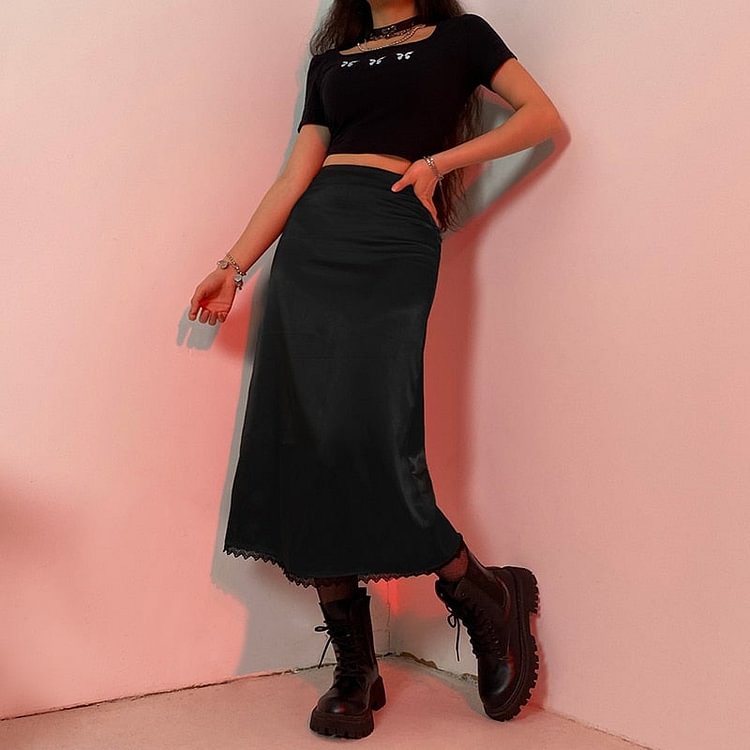 GRUNGE LACE DESIGN HIGH WAIST MIDI SKIRT