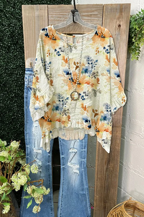 Loose Floral Print Ruffled Crinkled Blouse