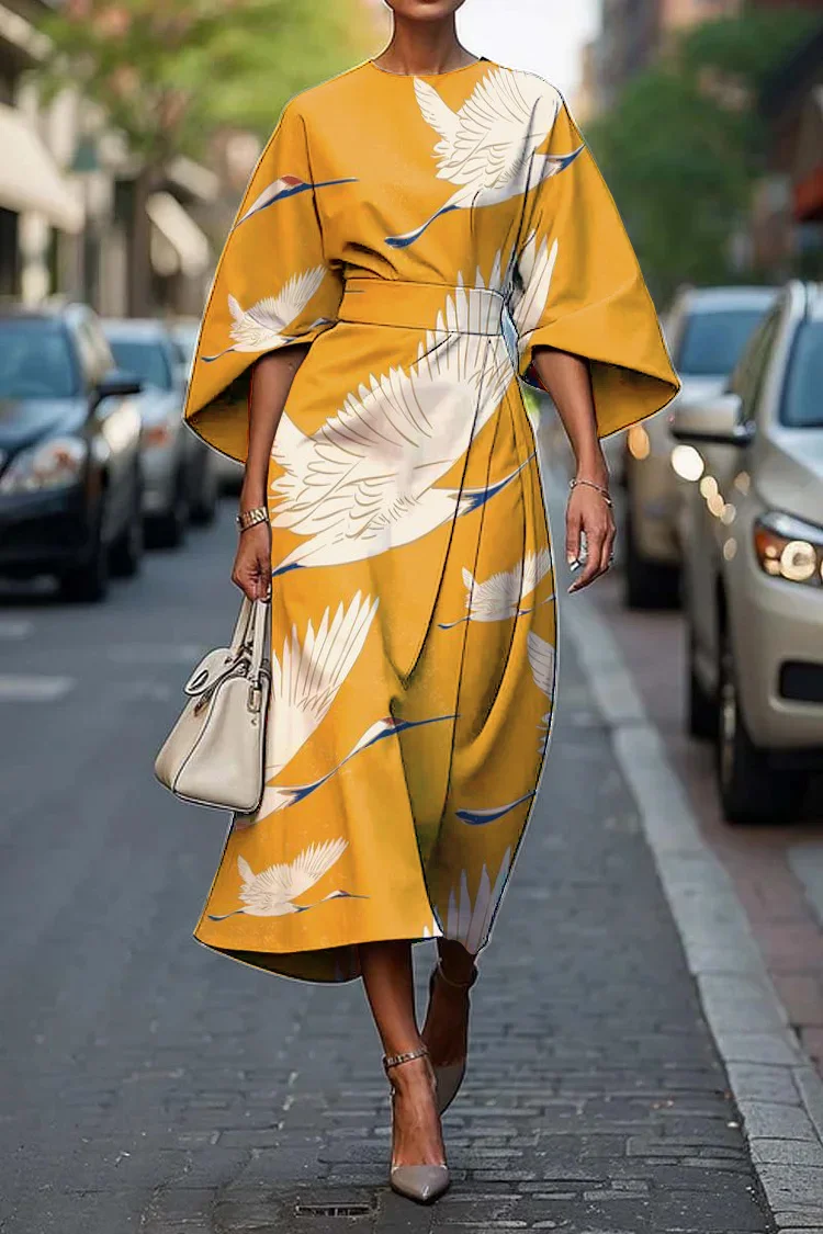 Women's Japanese Crane Art Print Midi Dress