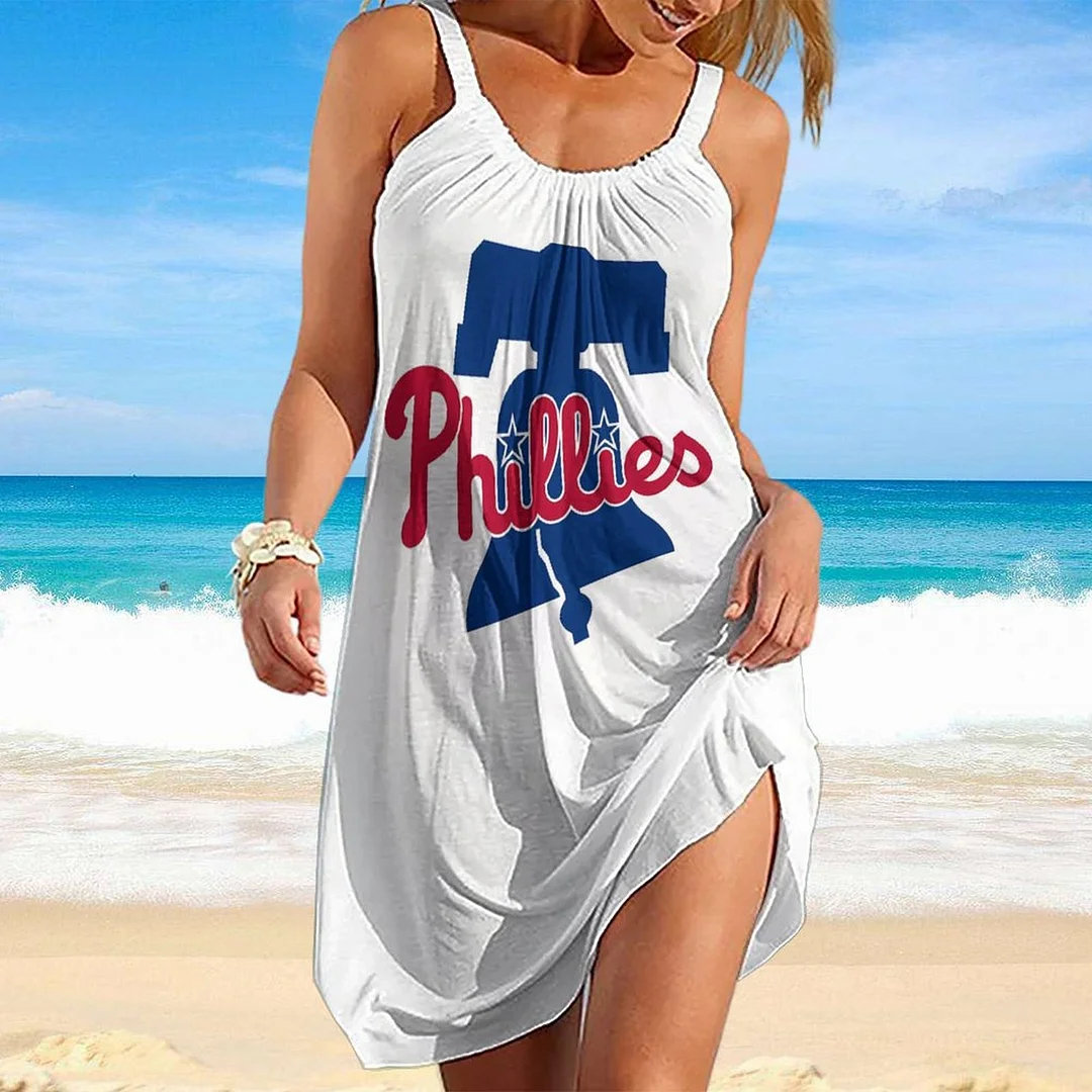 Women Beach Dress Sleeveless O-neck Casual Plus Size Mini Dress in Pattern Philadelphia Phillies, Blue, Red