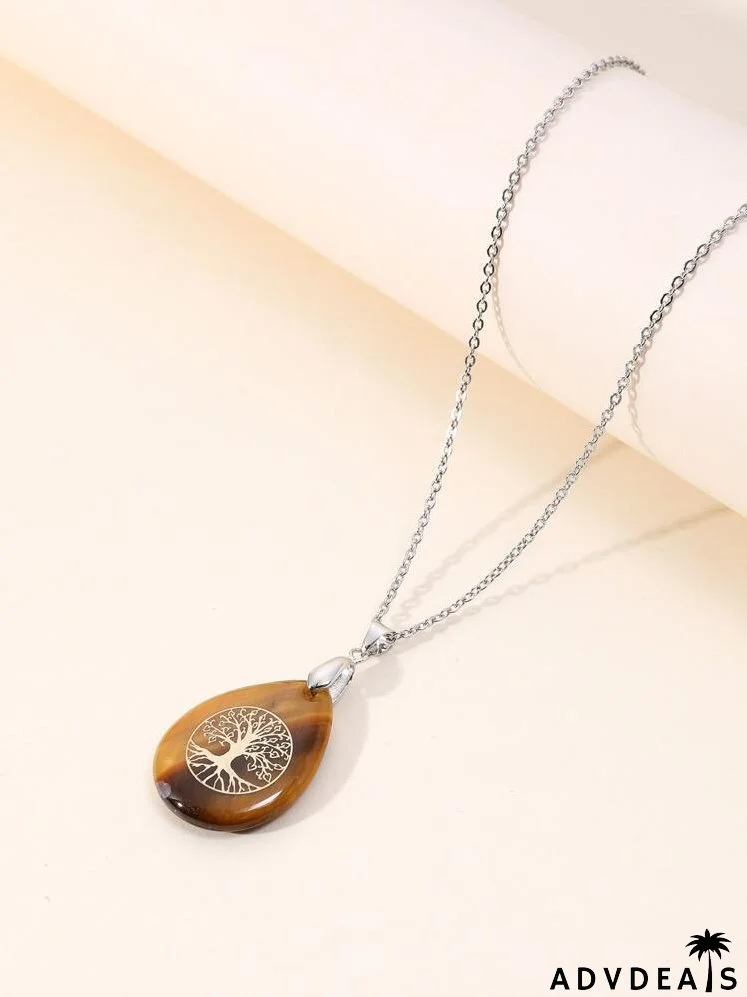 Tree Detail Water-drop Charm Necklace