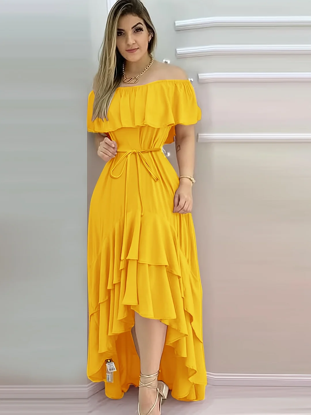 Elegant Off-Shoulder Ruffle Dress For Women - Vibrant Yellow A-Line Summer Dress With Ruffled Sleeves, Perfect For Casual Or Stylish Outfits, Cute Dress | IFYHOME