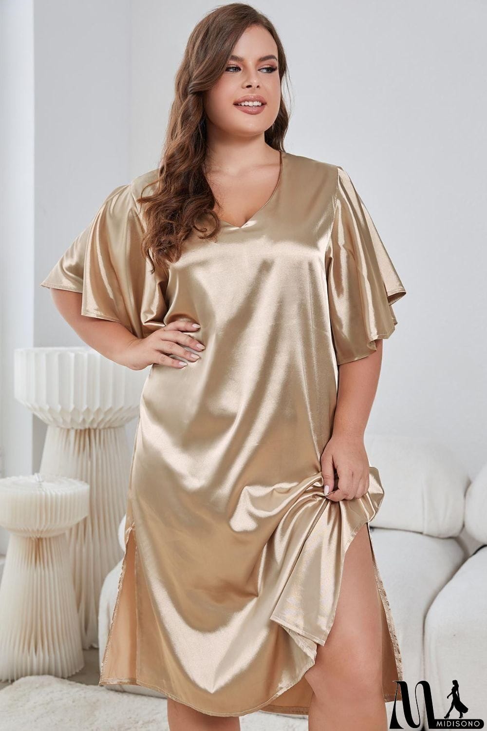 MidiSono - Plus Size Flutter Sleeve V-Neck Side Slit Night Gown