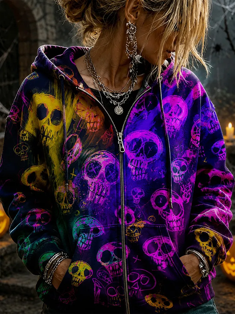 Women's Halloween Gothic Dark Art Graffiti Skull Zipper Jacket In Bright Purple And Yellow Skull Print artswardrobe