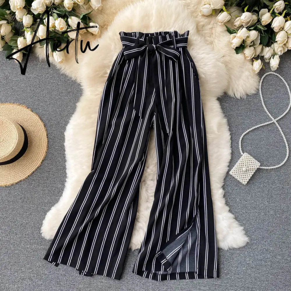 Aiertu Summer New Fashion All-match Women's Casual Pants Retro Striped Color Slim Long Slit Wide Leg Pants DK1053 Aiertu