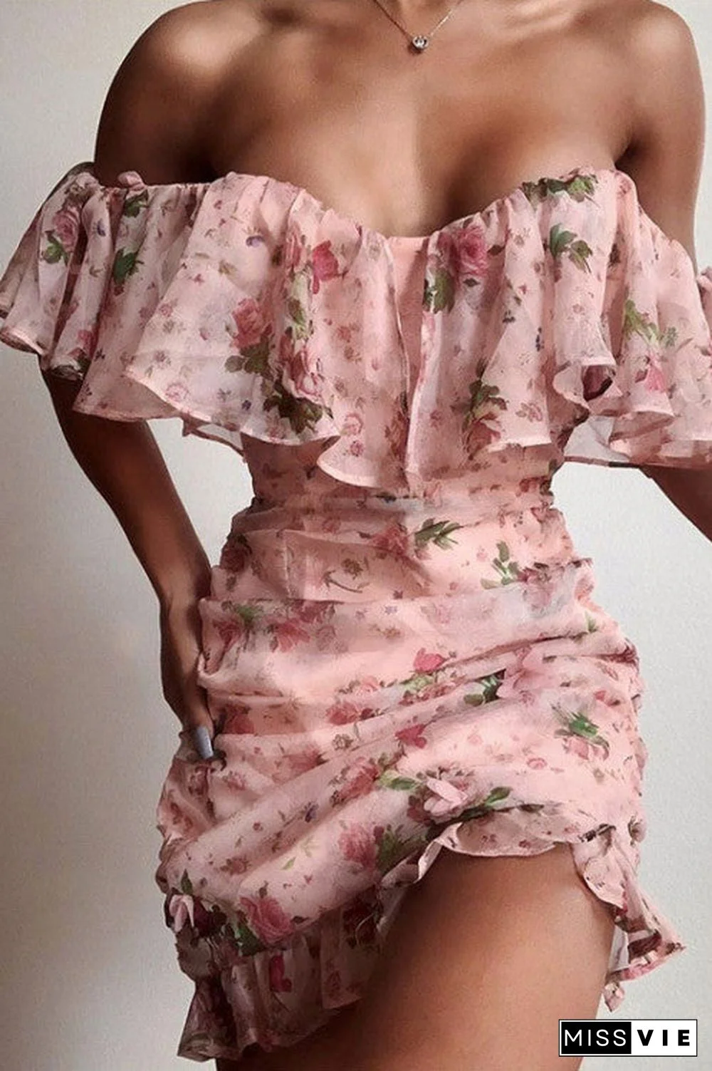 Applique Off Shoulder Ruffled Chiffon Dress