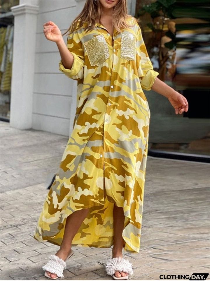 Ladies Fashion Sexy Print V- Neck Long Vintage Dresses