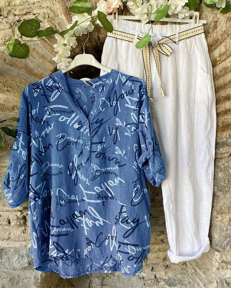 V-Neck English Print Short Sleeve Two-Piece Suit