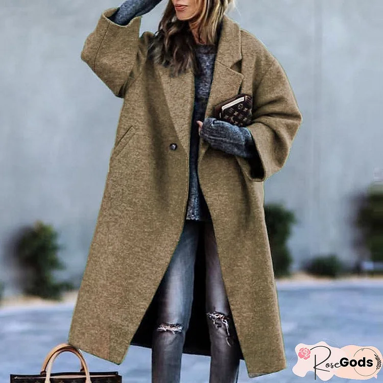 Women Pockets Solid Wool-Blend Coat