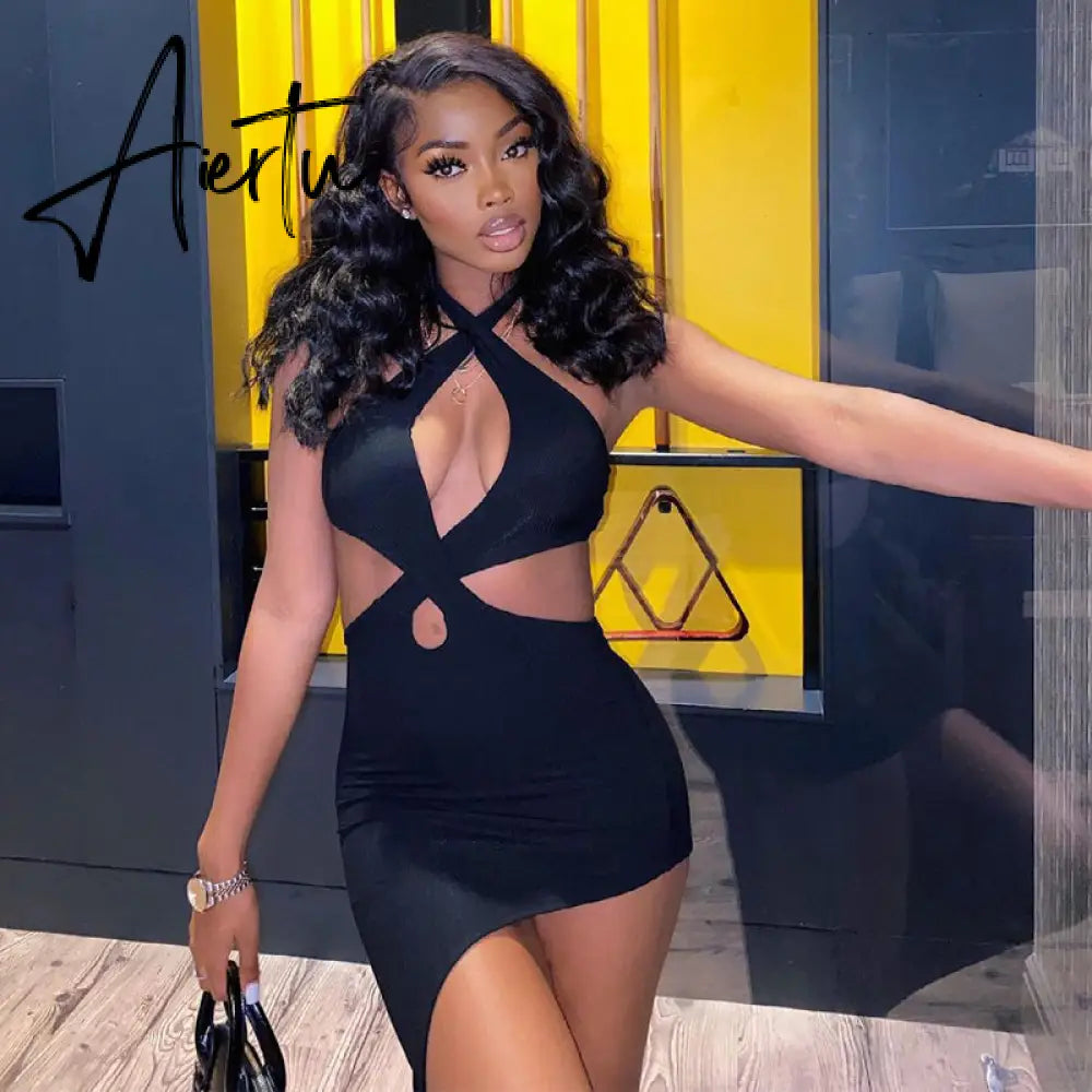 Aiertu Solid Sleeveless Hollow Out Halter Ruched Sexy Asymmetrical Mini Dress Summer Autumn Women Fashion Streetwear Aiertu