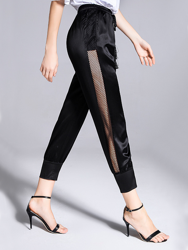Stylish Elastic Waist With Waistband Silk Pants Side Pockets Grid