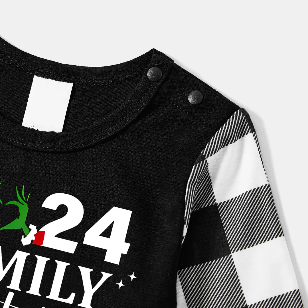"2024 Family Christmas" Quirky Heart Letter Print Black Long Sleeve Top with Black And White Plaid Pants Family Matching Pajamas