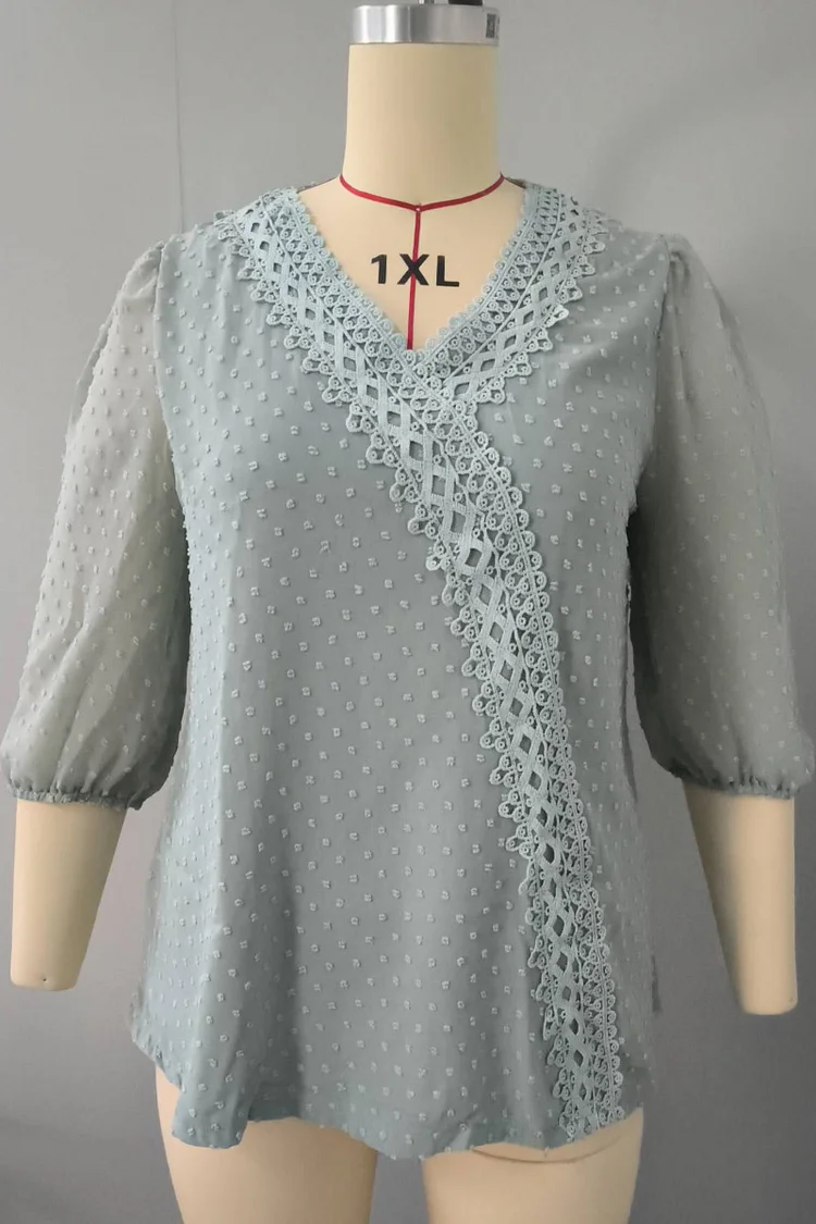 Plus Size Lace Jacquard 3/4 Sleeve V Neck Casual Blouses  Flycurvy [product_label]