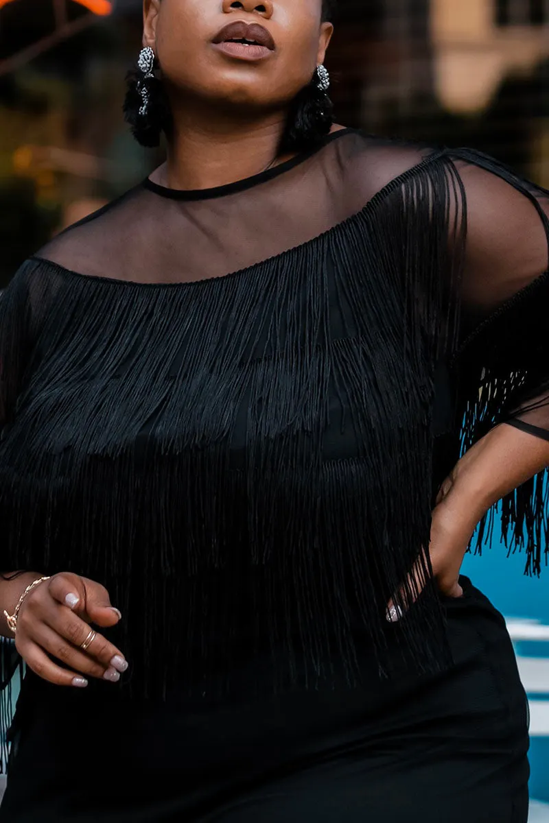 Plus Size Plain Midi Dresses Sheer Fringed