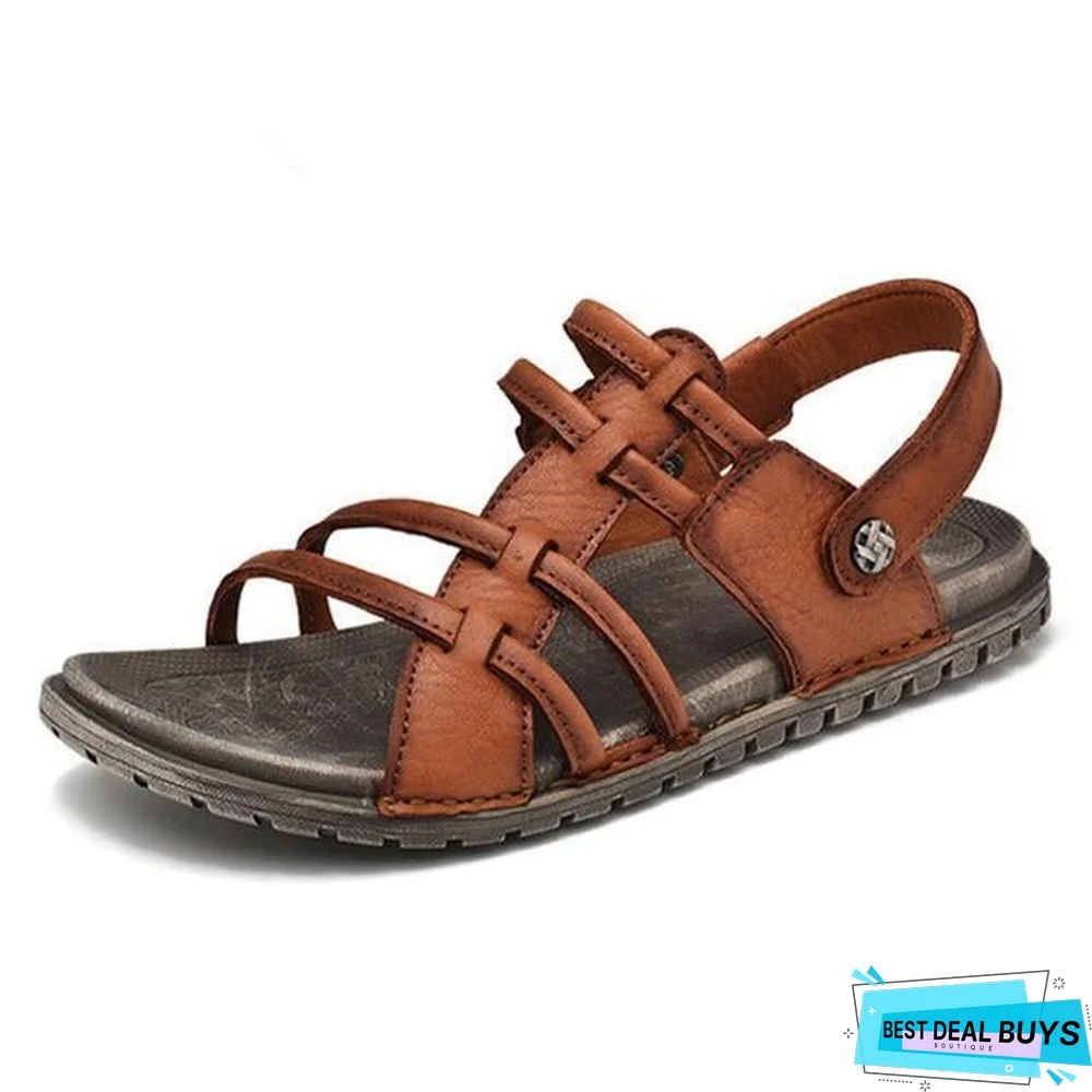 Men's Retro Genuine Leather Sandals Beach Non-Slip Slippers Shoes