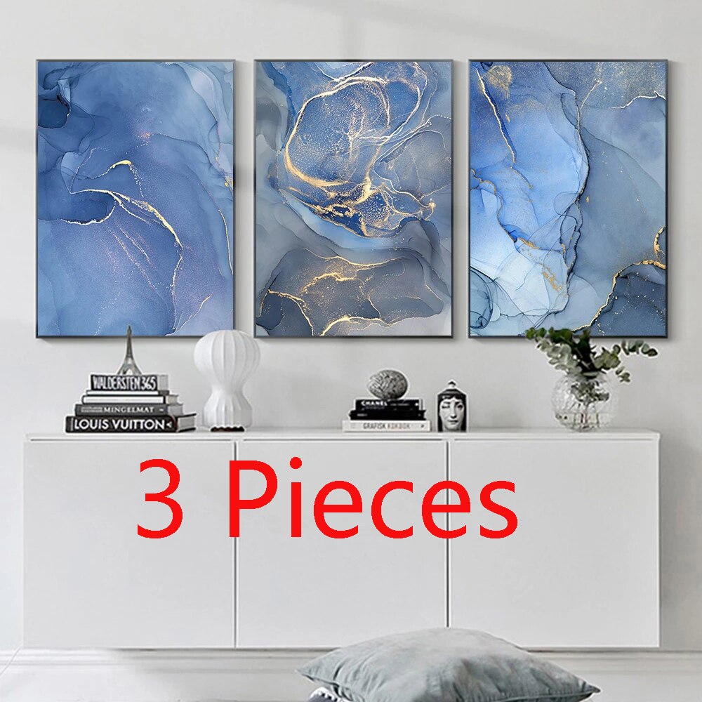 Abstract No Frame Canvas Picture 3 Pcs Blue Marble Texture Golden Border Poster Modular Painting Wall Art Home Decoration Prints