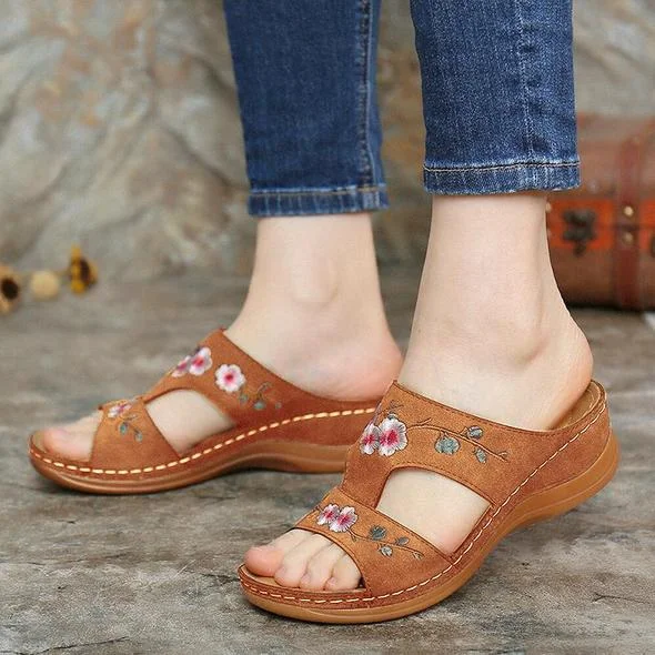 Flower Embroidered Vintage Casual Wedges Comfy Sandals shopify Stunahome.com